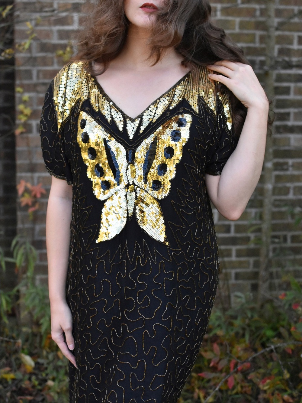 Vintage 100% Silk Extremely Rare 90s Fully Band Beaded Butterfly Dress Size 2xl